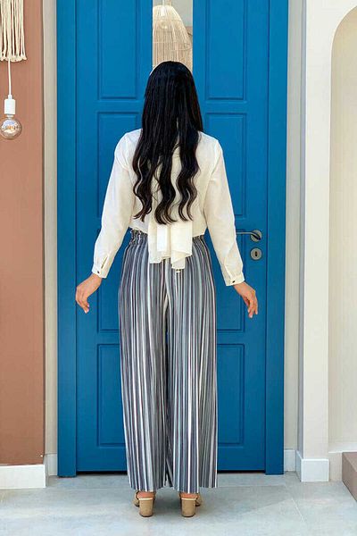 Bym Fashion Colorful Line Patterned Trousers with Elastic Waist 0204 Black