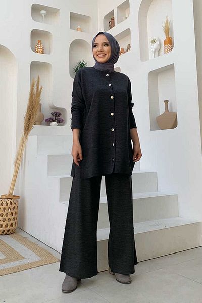 Bym Fashion Σετ κουμπωτό λεπτομερές διπλό πλεκτό 23304 Καπνιστό