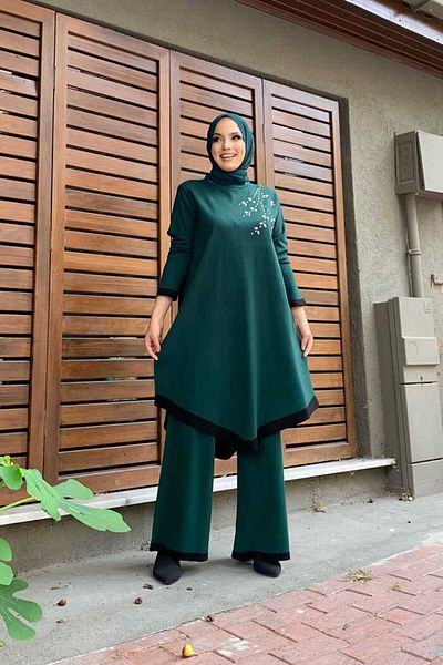 Bym Fashion Σετ Πλεκτά Διπλό Τουνίκ Λεπτομέρεια Κέντημα Πέτρα Ώμου 23309 Emerald