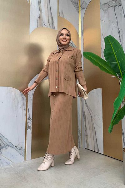 Bym Fashion Двоен костюм с копчета и джобове 23306 Светлокафяв
