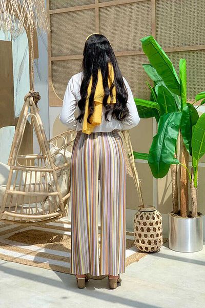 Bym Fashion Colorful Line Patterned Trousers with Elastic Waist 0204 Mustard