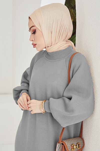 InStyle Mina Hijab-Kleid aus Strick mit Ballonärmeln – Grau
