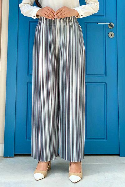 Bym Fashion Colorful Line Patterned Trousers with Elastic Waist 0204 Black