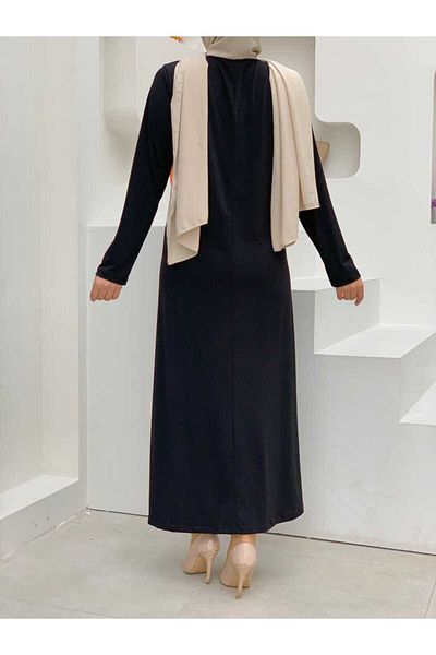 Bym Fashion Μεγάλο μέγεθος ίσια λαιμόκοψη μακρυμάνικο εσωτερικό αμμώδες φόρεμα 3202-1 μαύρο
