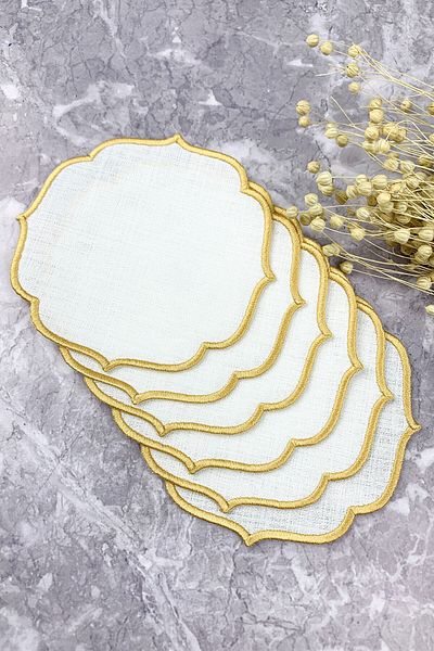 WEARE2 Gold Colored Embroidered Linen Effect Set of 6 Cocktail Napkins