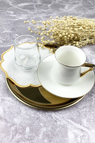 WEARE2 Gold Colored Embroidered Linen Effect Set of 6 Cocktail Napkins