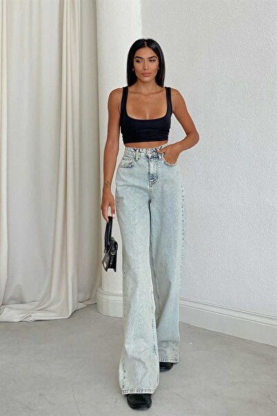 BROSERER بنطلون جينز Palazzo فضفاض عالي الخصر للنساء باللون الأزرق