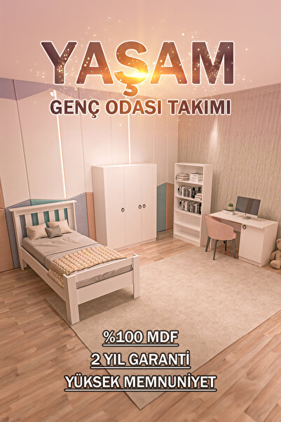 Ninnimo 4 Parçalı Beyaz Mdf Yaşam Genç Odası Takımı (karyola 90x190, Gardırop, Kitaplık Ve Çalışma Masası)