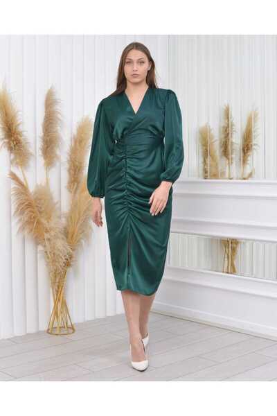 CİXAPLE Yırtmaçlı Kalem Saten Elbise