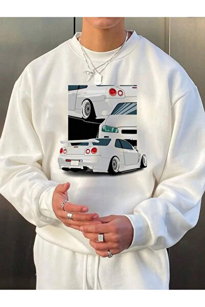 Adrift سويت شيرت مطبوع عليه سيارة بأكتاف منسدلة باللون الأبيض