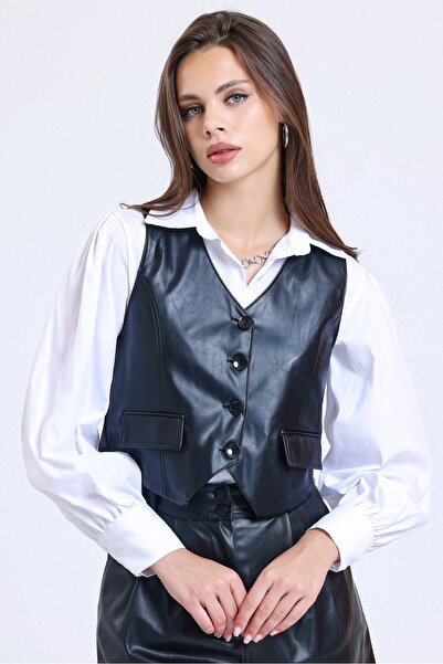 MD trend Women's Black Balloon Sleeve Oversize Shirt and Lined Crop Leather Vest Double Set