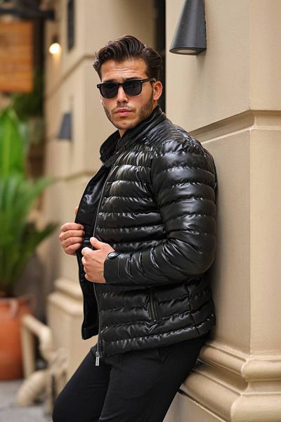 He Brand Мъжко черно кожено яке с прилепнала кройка и подплата от кожа, водоустойчиво и пухено