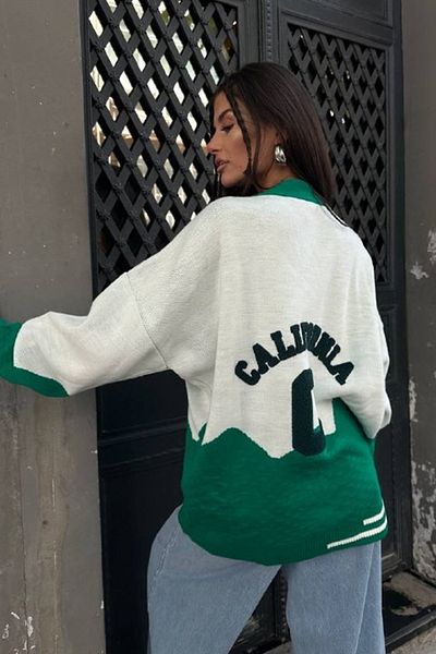 lovebox Women's Back Embroidery Detailed Oversize Green Cardigan 6626