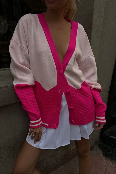 lovebox Women's Back Embroidery Detailed Oversize Fuchsia Cardigan 6626