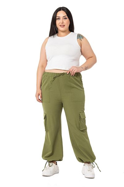 DISENTIS MODEST Large Size Gather Detailed Cargo Pocket Parachute Khaki Trousers