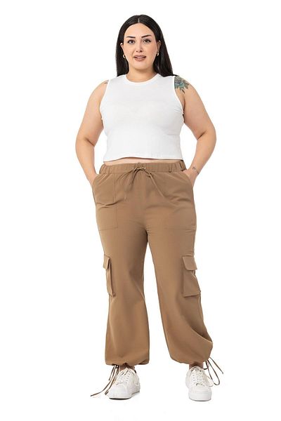 DISENTIS MODEST Large Size Drawstring Detailed Cargo Pocket Parachute Mink Trousers