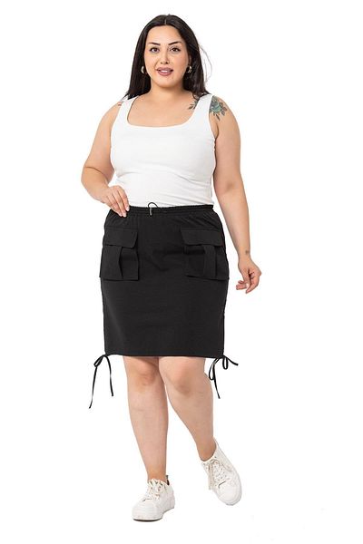 DISENTIS MODEST Large Size Gather Detailed Parachute Mini Black Skirt