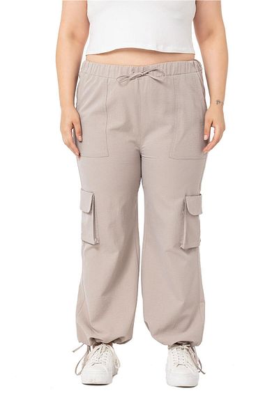 DISENTIS MODEST Large Size Drawstring Detailed Parachute Stone Colored Trousers with Cargo Pockets