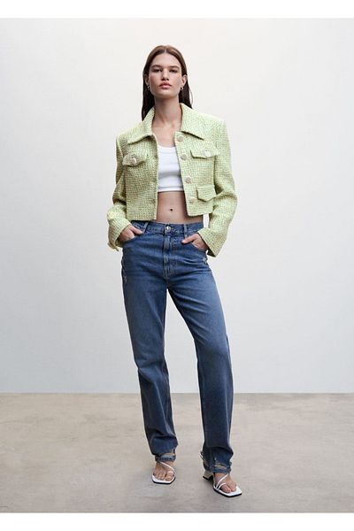 MANGO Woman Jachetă din tweed cu nasturi perle