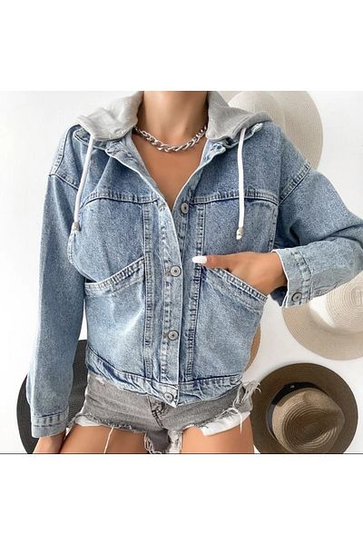 buqre's moda Jachetă din denim cu glugă cu 3 fire