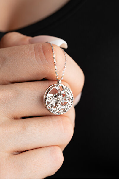 Nereze 925 Ayar Gümüş Rodyum Kaplama Dönen Daire Uçuşan Kelebek Kolye