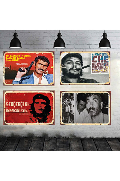 TAKIFİX Che Guevara Yılmaz Güney Seti 4 Adet 20x30 Cm Retro Ahşap Tablo