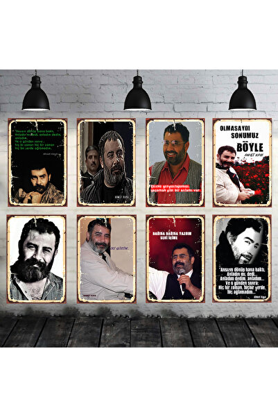 TAKIFİX Ahmet Kaya Seti 8 Adet 20x30 Cm Retro Ahşap Tablo