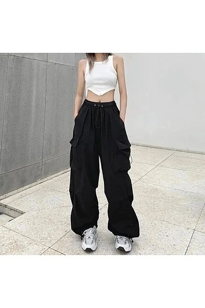 Gofeel Tactical Black Oversize Baggy Pants - Cargo Pocket and Elastic