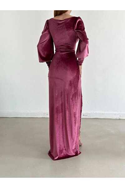 Varyete Kalp Yaka Düğmeli Balon Kol Yırtmaçlı Kadife Kumaş Abiye Elbise Düğün Nişan Söz Davet