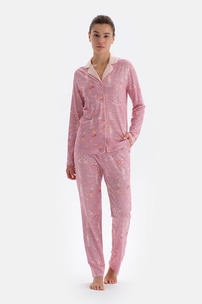 Dagi Pink Meter Printed Shirt Trousers Pajama Set