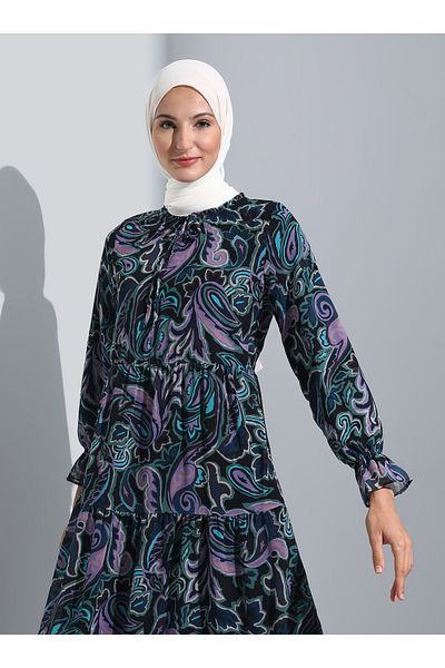 Refka Tied Collar Chiffon Relaxed Fit Hijab Dress - Green Lilac Flower Pattern - Refka Woman