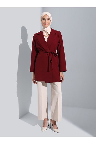 Refka Belt Detailed Jacket - Dark Red - Refka Woman