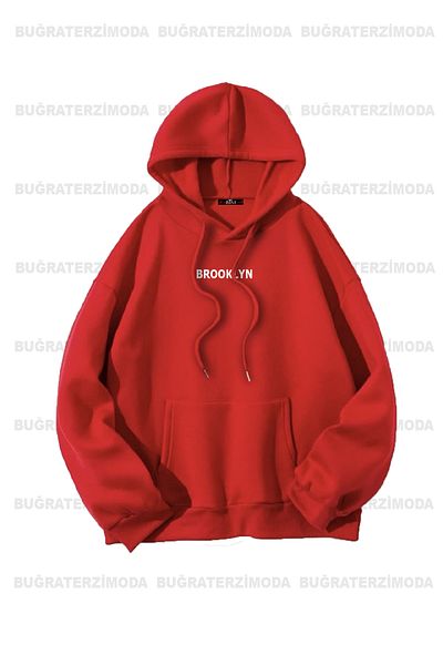 Buğraterzimoda Μπρούκλιν εμπριμέ Unisex Double Saks Μπλε-Κόκκινη κουκούλα oversize φούτερ με κουκούλα