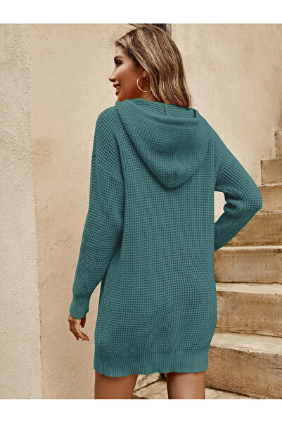 AQE FASHION Πλεκτό μακρυμάνικο τουνίκ φόρεμα με κουκούλα