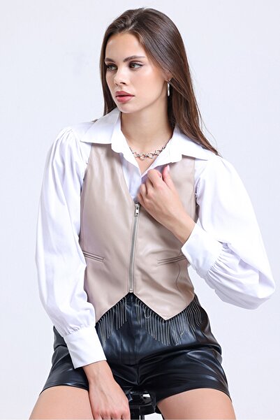 MD trend Women's Beige Tassel Detailed Lined Zipper Closure Crop Leather Vest