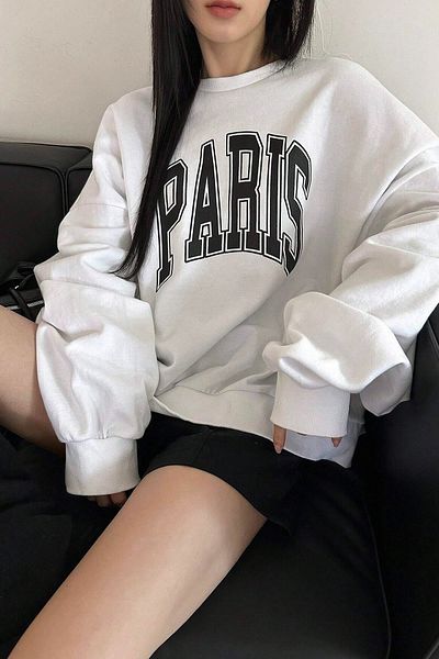 MODAGEN Φούτερ Paris Printed White Oversize Crew με 3 κλωστές