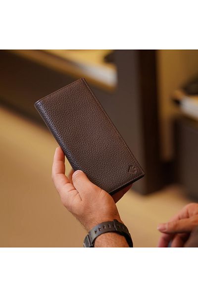 Eminsa Vertical Brown Genuine Leather Wallet, Snap Fastener Leather Wallet