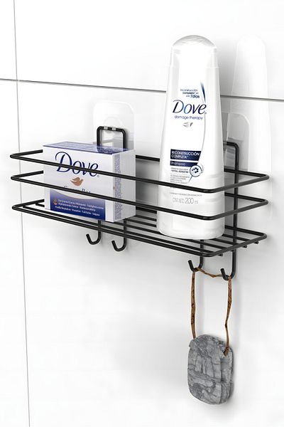 KARTEYA Adhesive 4 Hooks Bathroom Shelf Matte Black Bathroom Shampoo Holder Shower Cabin Shower Hanger