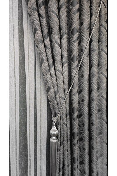 Yuka Crown Panel Background Curtain Gray Light Gray Geometric Patterned Single Sash Closely Pleated Jacquard Semi-Glossy