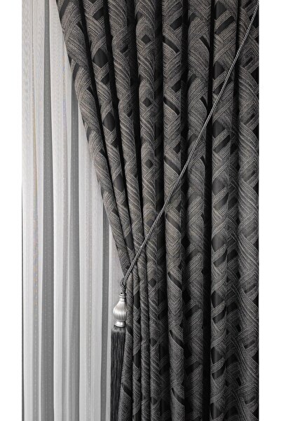 Yuka Crown Panel Background Curtain Anthracite Light Gray Geometric Patterned Single Sash Closely Pleated Jacquard Semi-Glossy