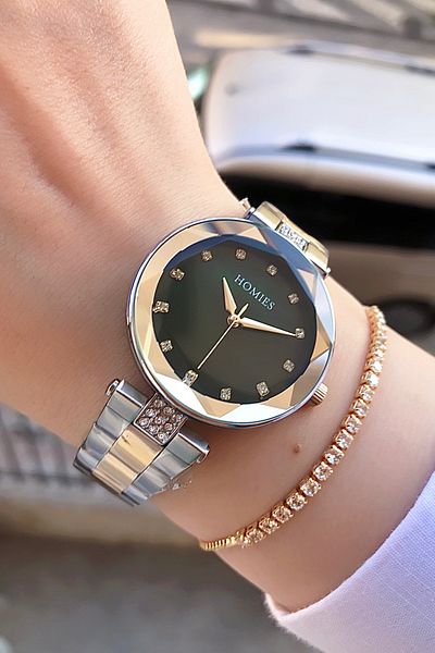 Homies Women's Silver-Gold Green Color Wristwatch + Steel Cord Bracelet with Gift