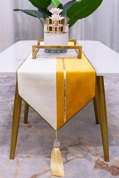 Bc Home Altın Biyeli Deri Aksesuarlı Runner - Koyu Sarı (40 X 140 CM)