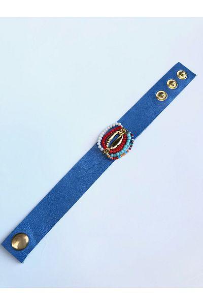 AGG TASARIM Blue Seashell Beaded Snap Fastener Leather Bracelet