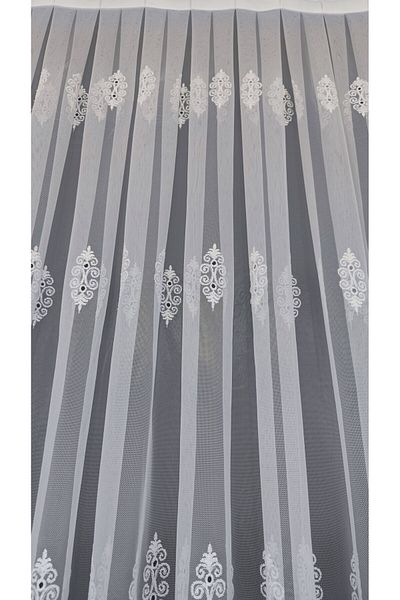 Yuka Grecian Background Sprinkled Embroidery Luxury Pattern 1/3 Close Pleat Ecru Tulle Curtain Wrinkle-Free No Ironing Leaded Skirt