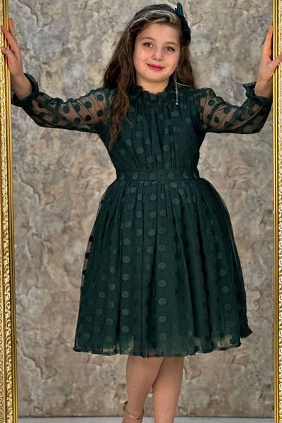 Riccotarz Girl's Green Dress with Transparent Sleeves, Polka Dots and Sash Detail