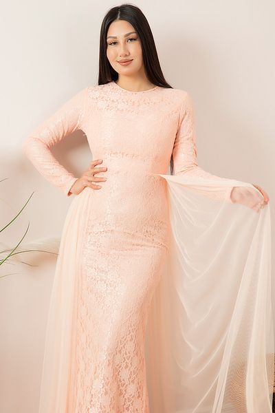 PULLIMM Rochie de seara musulmana cu detaliu din tul din dantela 13082