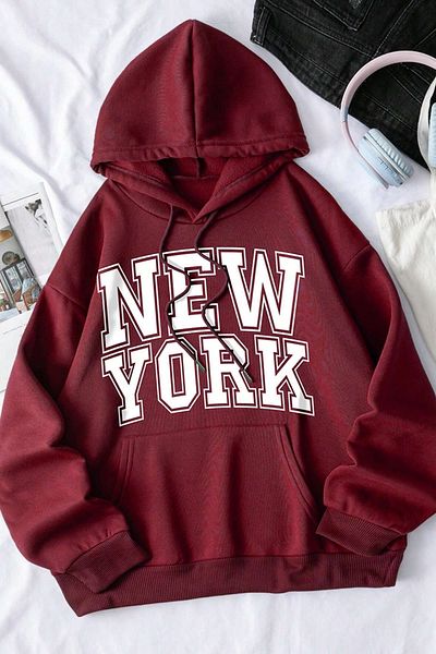 MODAGEN Φούτερ Unisex Claret Red New York με στάμπα με κουκούλα 3 κλωστών