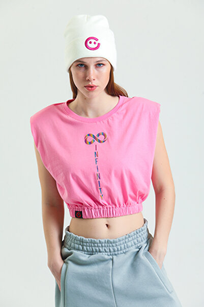 GüleGüleGiy Bluză roz cu imprimeu infinity, cu umeri căptușiți, talie elastic...