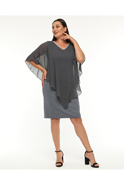 Asees Chiffon Medium Size Evening Dress with Stone Detail on the Collar