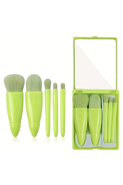 Perissy مجموعة فرش مكياج مكونة من 5 قطع مع مرآة خاصة باللون الأخضر للسفر